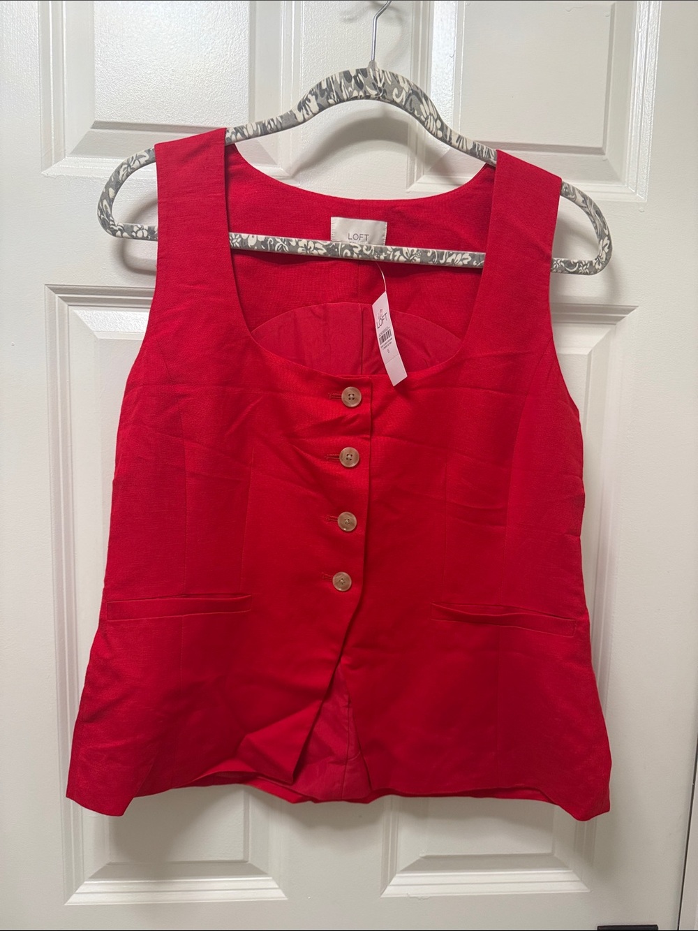 LOFT Red Button-Front Square-Neck Tank